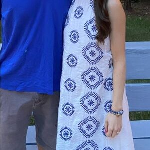 THML White and Blue Embroidered Halter Dress
